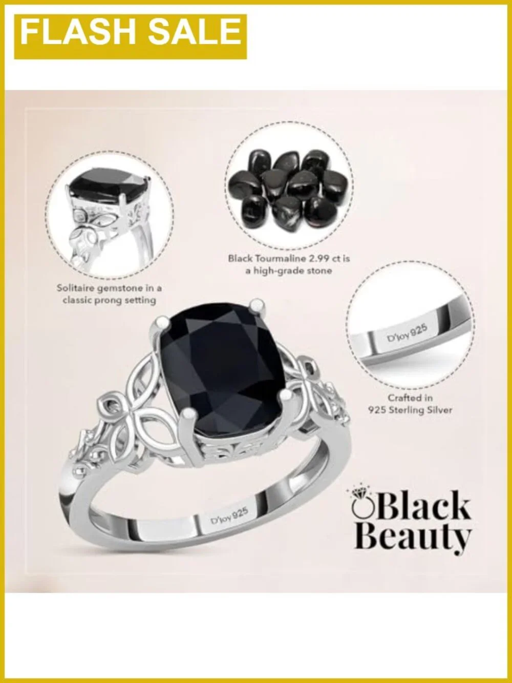 Black Tourmaline 925 Sterling Silver Statement Ring for Women